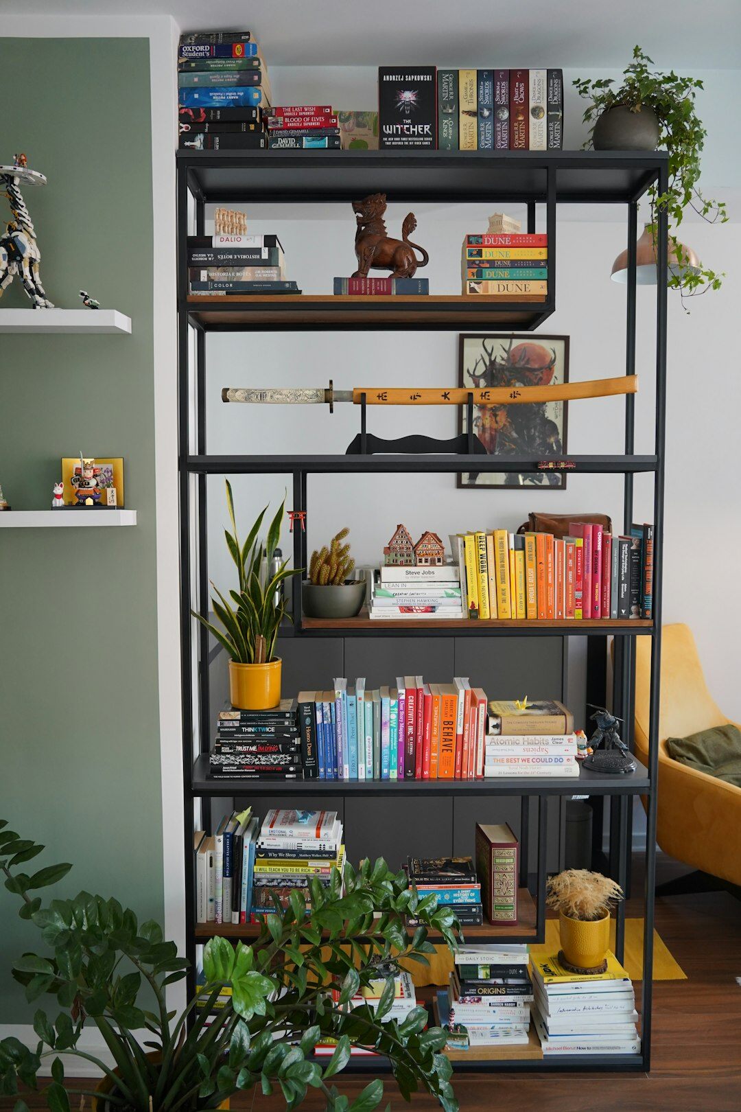 Office bookshelf with binders and a small plant